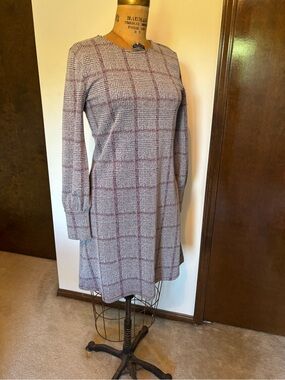 Ann Taylor Plaid Long-Sleeve Shift Dress in Gray and Burgundy